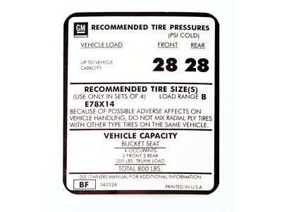 Camaro Tire Pressure Decal, 1974-1976