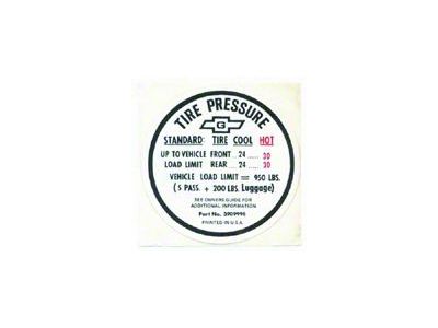 Camaro Tire Pressure Decal, Glove Box Door, For All Cars Except SS350 & SS396, 1967