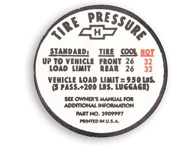 Camaro Tire Pressure Decal, SS, 1967