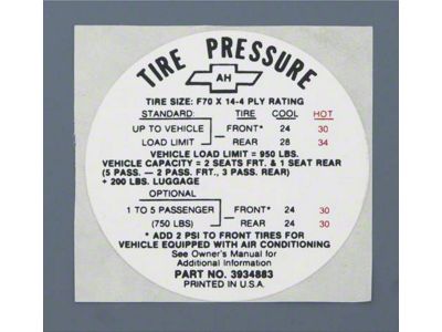 Tire Pressure Decal,SS,Glove Box Door,1968