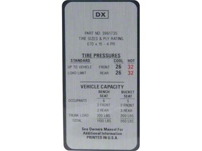 Camaro Tire Pressure Decal, Z28, 1969-1970 (Z/28 Coupe)
