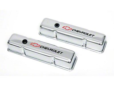 Camaro Valve Covers, Small Block, Tall Design, Chrome, With Baffle, Chevrolet Script & Bowtie Logo, 1967-1985