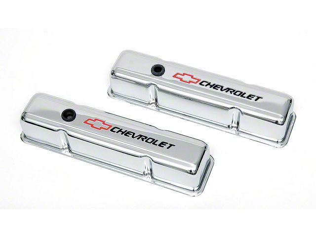 Camaro Valve Covers, Small Block, Tall Design, Chrome, With Baffle, Chevrolet Script & Bowtie Logo, 1967-1985