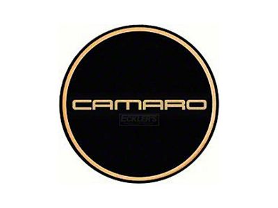 Camaro Wheel Center Cap Emblem, Gold Logo, Black Background, 1967-2002