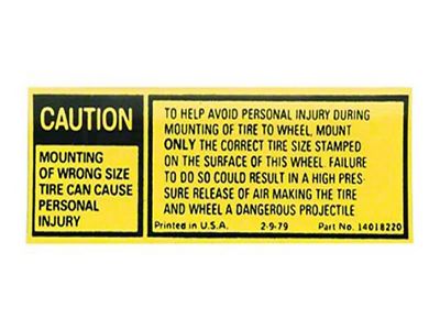 Camaro Wrong Tire Size Warning Decal, 1980-1982