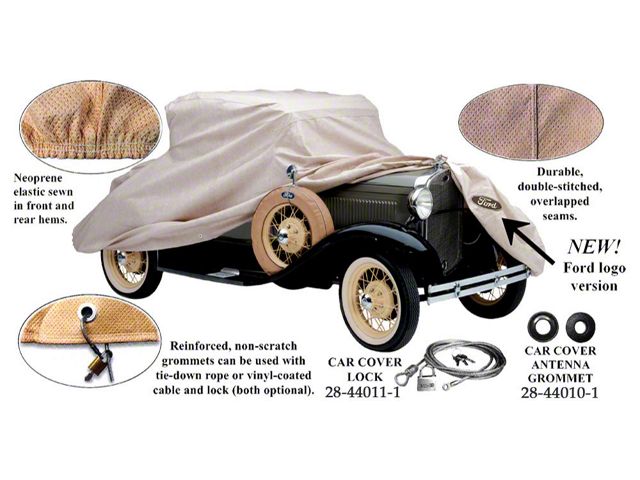 Car Cover, Poly-Cotton, With Ford Oval FD-24 Logo , 1928-1931 Sedan, Straight Windshield