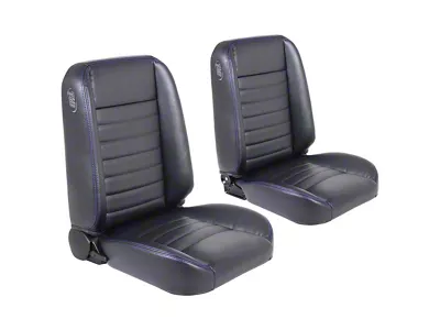 Cruiser Collection Classic Bucket Seats with Seat Mounting Brackets; Black Madrid Vinyl with Blue Stitching (66-72 Chevelle)