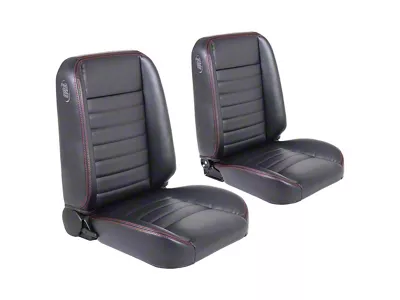 Cruiser Collection Classic Bucket Seats with Seat Mounting Brackets; Black Madrid Vinyl with Red Stitching (66-72 Chevelle)