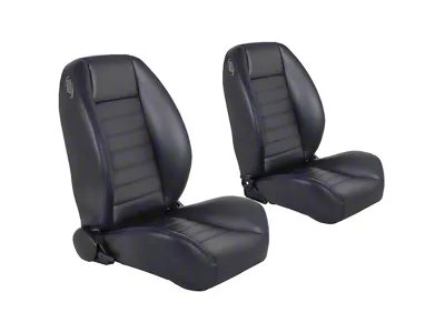 Cruiser Collection Low Back Bucket Seats with Seat Mounting Brackets; Black Madrid Vinyl with Blue Stitching (66-72 Chevelle)