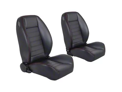 Cruiser Collection Low Back Bucket Seats with Seat Mounting Brackets; Black Madrid Vinyl with Red Stitching (66-72 Chevelle)