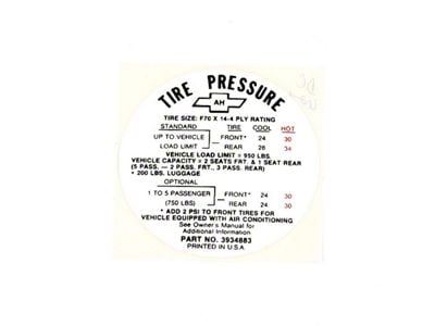 Chevelle Decal, Tire Pressure, SS 1968