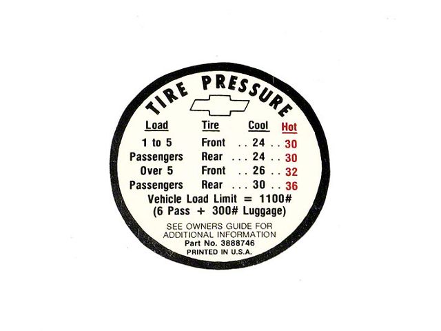 Chevelle Decal, Tire Pressure, Wagon, 1966