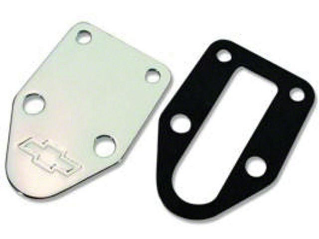 Chevelle Fuel Pump Mounting Hole Block-Off Plate, Small Block, Bowtie Logo, Chrome, With Gasket, 1964-1972