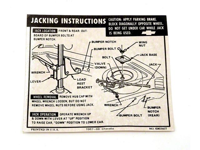 Chevelle Jacking Instructions Decal, 1967-1968