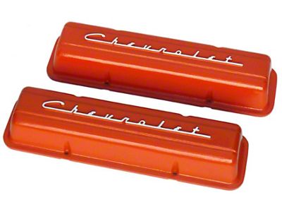 Chevelle & Malibu Aluminum Valve Covers, Small Block, Orange Powder Coated, With Chevrolet Script, 1964-1983