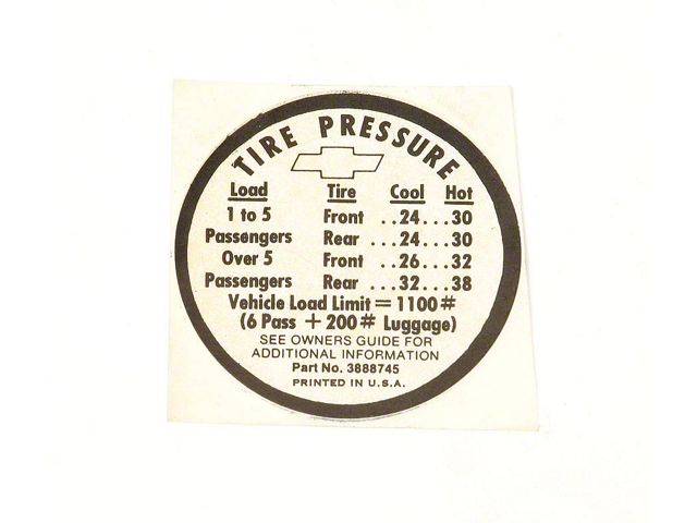 Chevelle Tire Pressure Decal, 1966