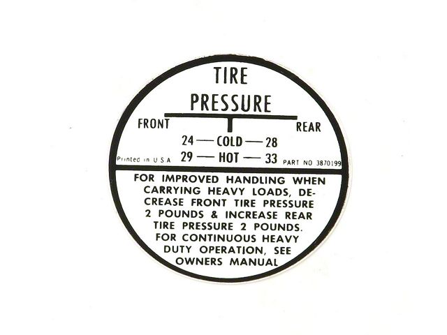 Chevelle Tire Pressure Decal, 1967