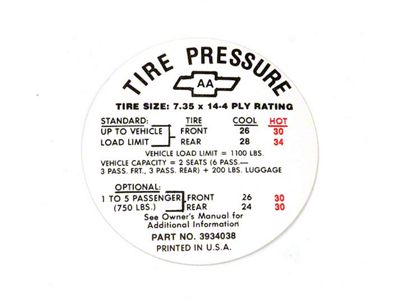 Chevelle Tire Pressure Decal, 1968