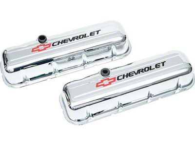 Chevelle Valve Covers, Big Block, Tall Design, Chrome, With Baffle, Chevrolet Script & Bowtie Logo, 1965-1977