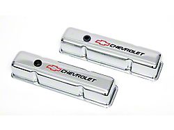 Valve Covers, Small Block, Tall Design, Chrome, With Baffle, Chevrolet Script & Bowtie Logo (64-73 Chevelle; 64-83 Malibu; 73-76 Laguna)