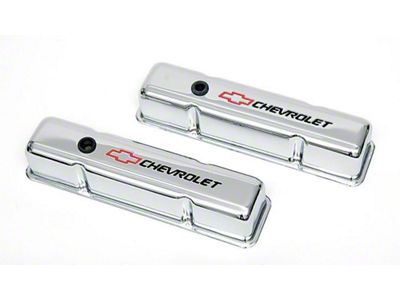 Chevelle Valve Covers, Small Block, Tall Design, Chrome, With Baffle, Chevrolet Script & Bowtie Logo, 1964-1983