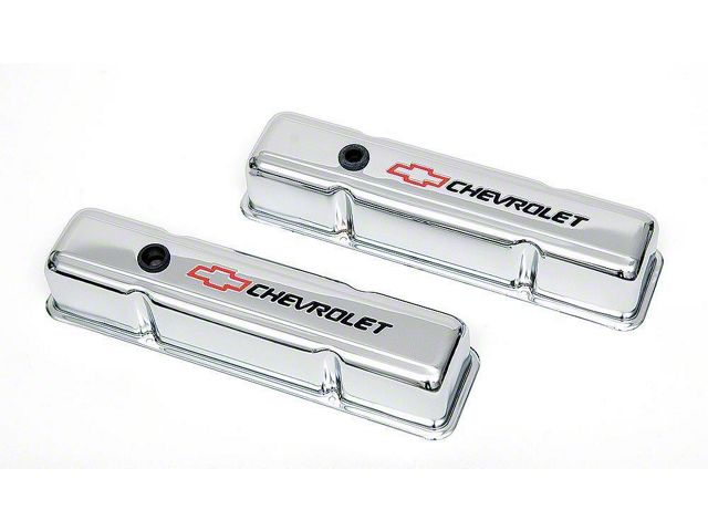 Chevelle Valve Covers, Small Block, Tall Design, Chrome, With Baffle, Chevrolet Script & Bowtie Logo, 1964-1983