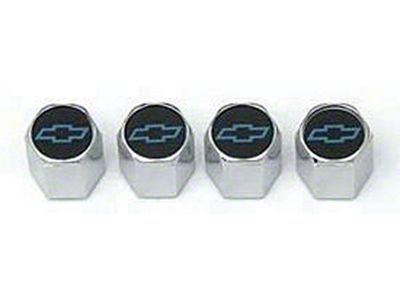 Chevelle Valve Stem Caps, Non-Locking, Chrome, With Blue Bowtie Logos, 1964-1972