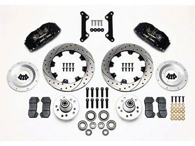 Chevelle Wilwood Front Disc Brake Kit, 6-piston Black Calipers, Drilled & Slotted Rotors, 1973-1977