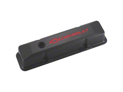 Chevrolet and Bowtie Emblem Die-Cast Valve Covers, Recessed Emblem, Red, Carbon-Style