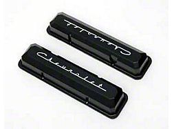 Chevy Aluminum Valve Covers, Black Powder Coated, With Chevrolet Script, Small Block, 1955-1957