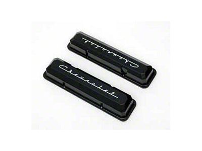 Chevy Aluminum Valve Covers, Black Powder Coated, With Chevrolet Script, Small Block, 1955-1957