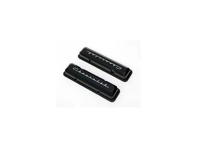Chevy Aluminum Valve Covers, Black Powder Coated, With Chevrolet Script, Small Block, 1955-1957
