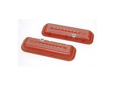 Chevy Aluminum Valve Covers, Orange Powder Coated, With Chevrolet Script, Big Block, 1955-1957