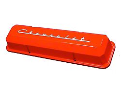 Chevy Aluminum Valve Covers, Orange Powder Coated, With Chevrolet Script, Small Block, 1955-1957