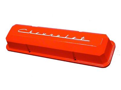 Chevy Aluminum Valve Covers, Orange Powder Coated, With Chevrolet Script, Small Block, 1955-1957