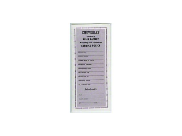 Chevy Battery Warranty Certificate, Delco, 1955-1957