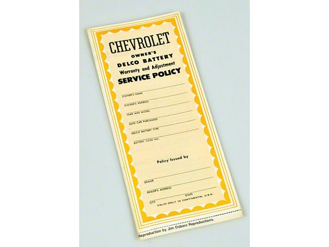 Chevy Battery Warranty, Delco, 1953-1954