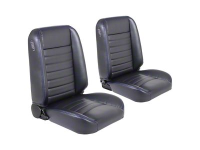 Cruiser Collection Classic Bucket Seats with Seat Mounting Brackets; Black Madrid Vinyl with Blue Stitching (59-60 Impala 2-Door Hardtop)