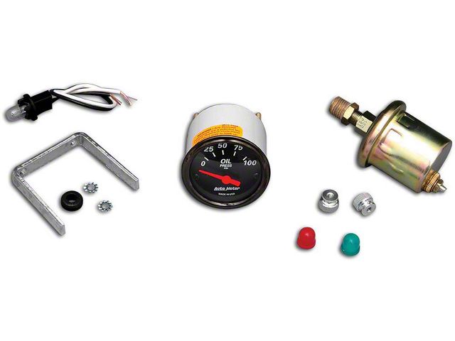 Chevy Custom Oil Pressure Gauge, Black Face, With White Numbers & Orange Needle, Auto Meter, 1955-1957