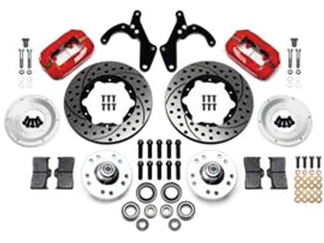 Chevy Disc Brake Kit, With Drilled And Slotted Rotors And Red Powder Coated Calipers, Front, 11, At The Wheel, Wilwood, 1955-1957