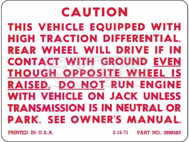 Chevy Or GMC Truck Positraction Warning Decal, 1972-1986