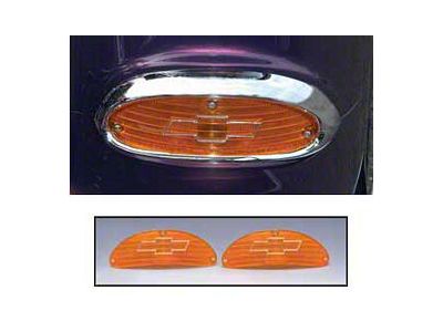 Chevy Parking Light Lenses, With Chrome Bowtie Logos, Amber, 1955