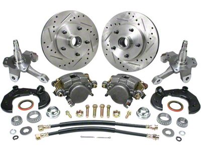 Chevy Power Front Disc Brake Kit, At The Wheel, With Ford Bolt Pattern, Drilled & Slotted Rotors, & 2 Dropped Spindles, For Mustang II, 1949-1954