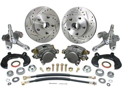 Chevy Power Front Disc Brake Kit, At The Wheel, With Chevy Bolt Pattern, Drilled & Slotted Rotors & 2 Dropped Spindles, For Mustang II, 1949-1954