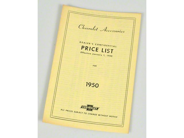 Chevy Price List Booklet, Accessory, New Car, 1950