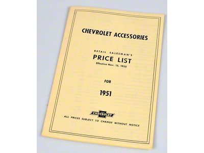 Chevy Price List Booklet, Accessory, New Car, 1951