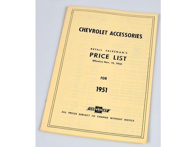 Chevy Price List Booklet, Accessory, New Car, 1951