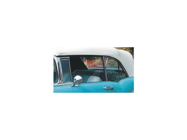 Chevy Quarter Glass, Installed In Frame, Smoke Tinted, Convertible, Left, 1955-1957
