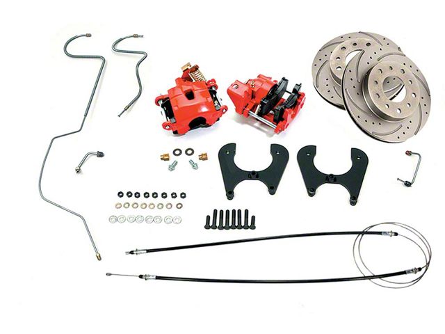 Chevy Rear Disc Brake Kit, With Red Powder Coated Calipers,Drilled & Sweep Slotted Rotors, 1955-1957