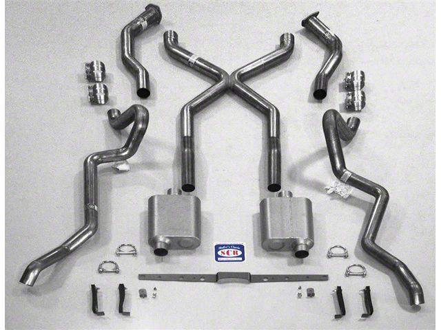 Chevy SCR X Quickflow Performance Dual 2-1/2 Exhaust System, With Corner Exit Tailpipes, For Use With 3/4 Length Shorty Headers, Small Block Aluminized, 1955-1957